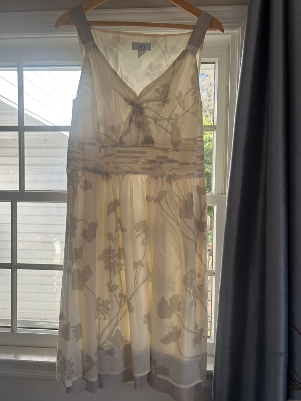LOFT Cream Floral Midi Dress with Sheer Overlay